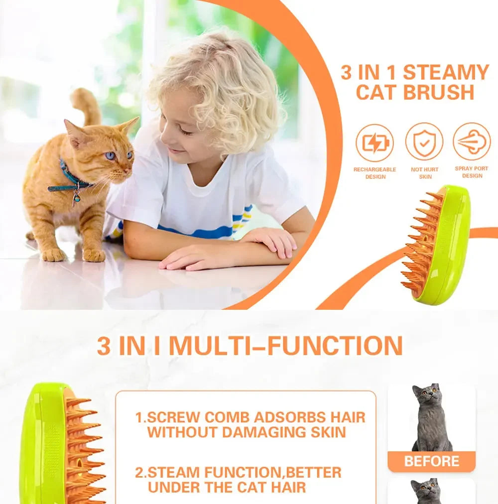3-in-1 Steam Spray Pet Grooming Brush – Massage, De-Shedding & Foldable Comb