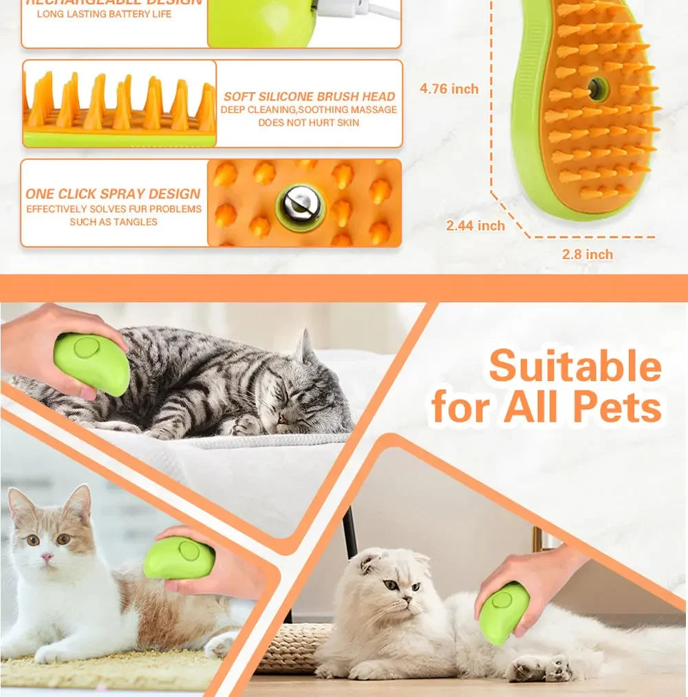 3-in-1 Steam Spray Pet Grooming Brush – Massage, De-Shedding & Foldable Comb