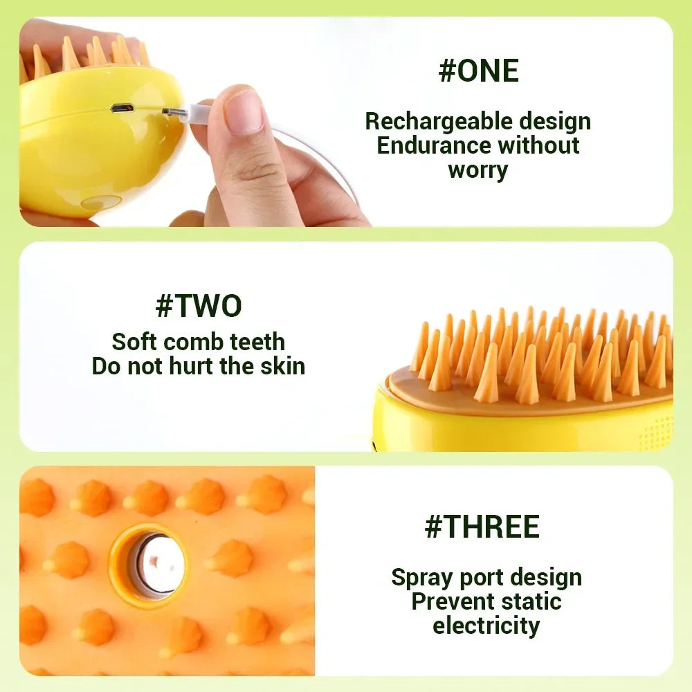 3-in-1 Steam Spray Pet Grooming Brush – Massage, De-Shedding & Foldable Comb