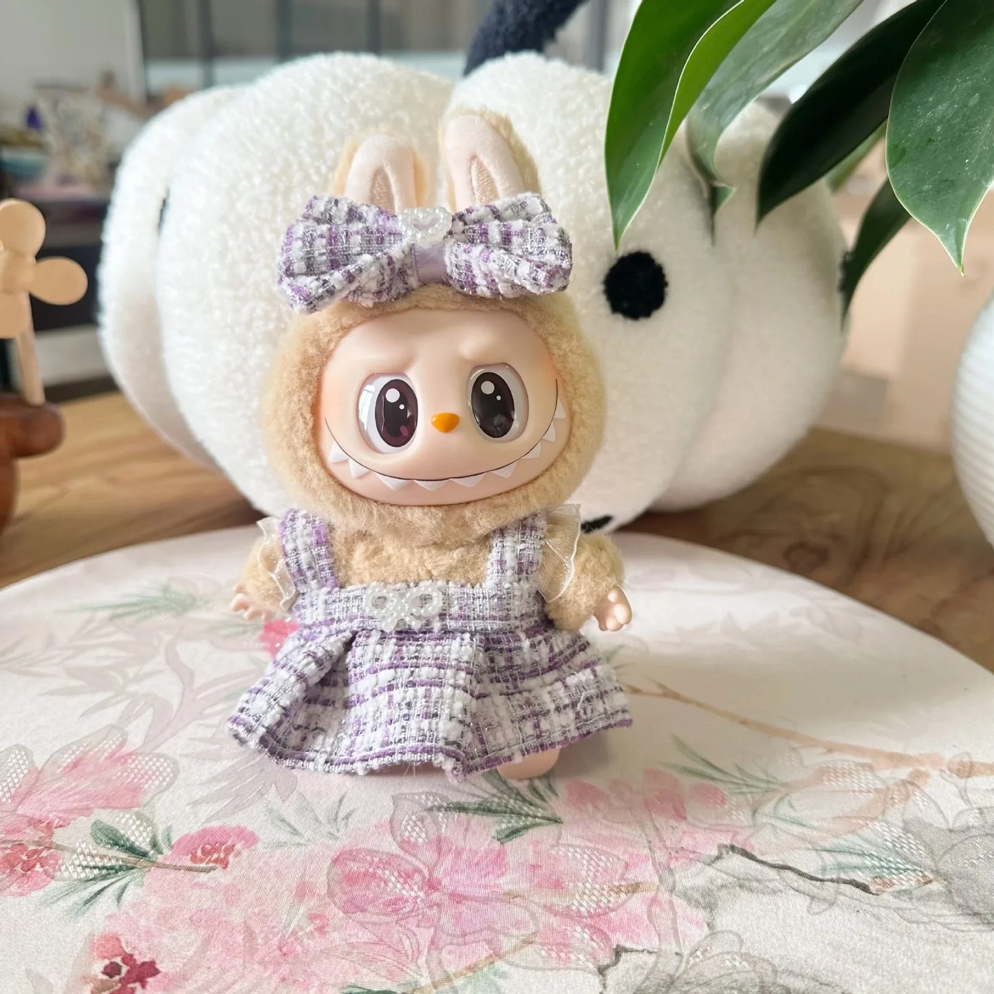 Labubu™ Classic Grid Dress – Designer Doll Outfit for Sitting Party Series