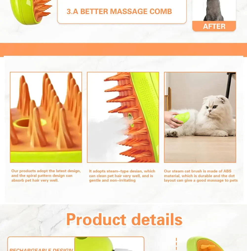 3-in-1 Steam Spray Pet Grooming Brush – Massage, De-Shedding & Foldable Comb